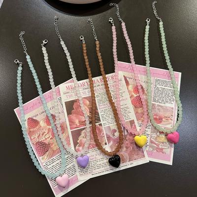 Aesthetic Jewelry Colorful Beaded Heart Pendant Necklace for Women Girls Trendy Charms Choker Neck Accessories Gift