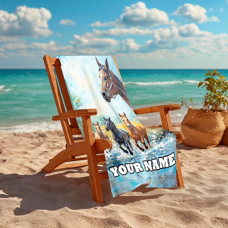 1PC Custom Name Horse Family Free Beach Towel Highly Absorbent And Sand-Resistant Towel for Swimming, Pool, Yoga, And Travel Lightweight