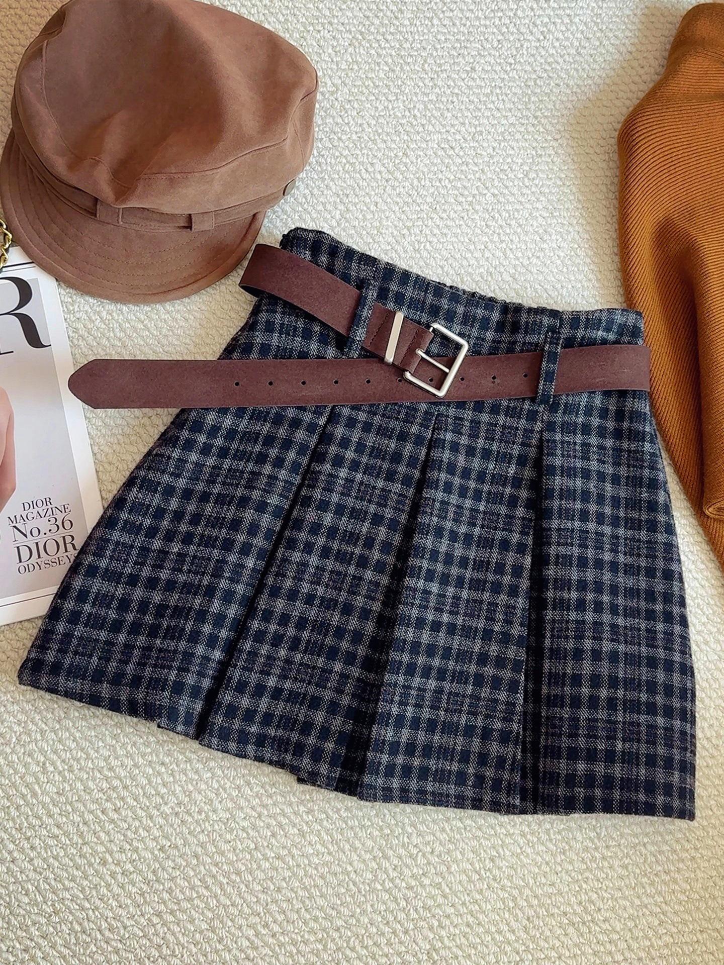 Korean Plaid Wool Pleated Skirt, High-Waisted, Slimming, Anti-Exposure A-Line, 2025 Autumn/Winter Women s Fashion. Small