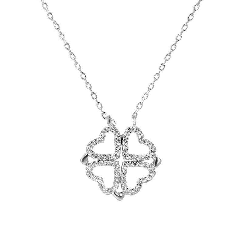 A Woman Wearing Four-leaf Clover Necklace, Lucky Four-leaf Clover Pendant, Collarbone Chain, Sweater Chain, Neck Chain