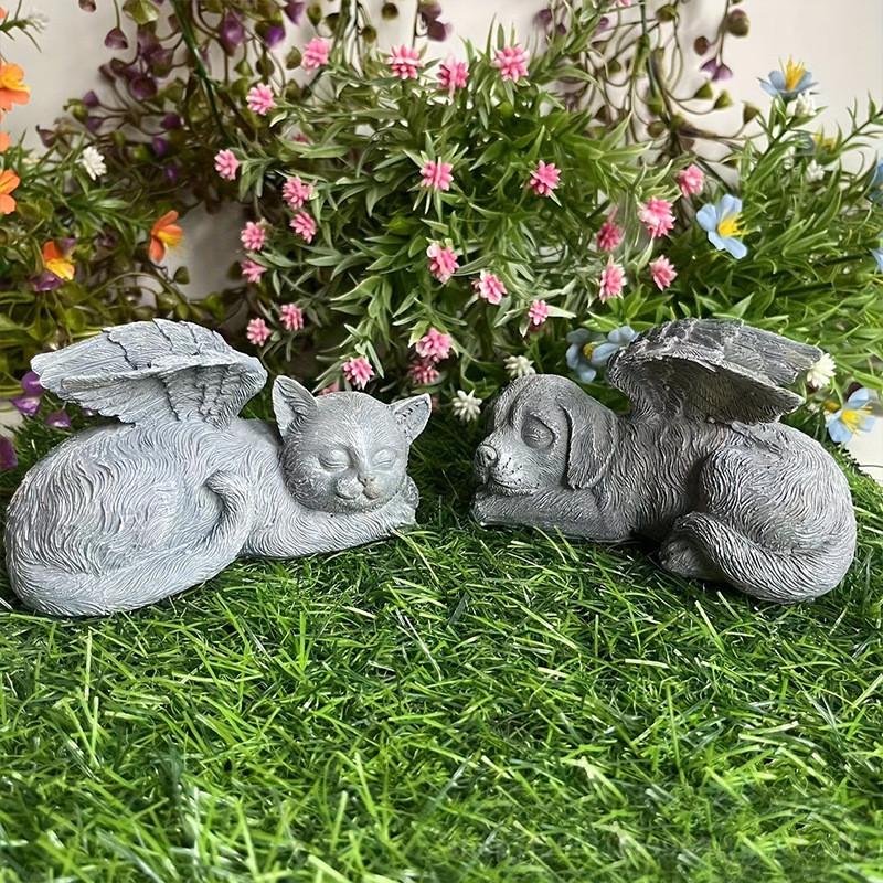 Resin Angel Dog Cat Garden Ornament Handcrafted Animal Memorial Sculpture For Lawn Decor