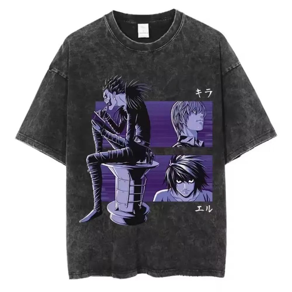 Tricou Vintage Spălat Negru Misa Amane Death Note, Tricou Unisex cu Portret Icon Anime Streetwear, Top Larg Supradimensionat 100% Bumbac