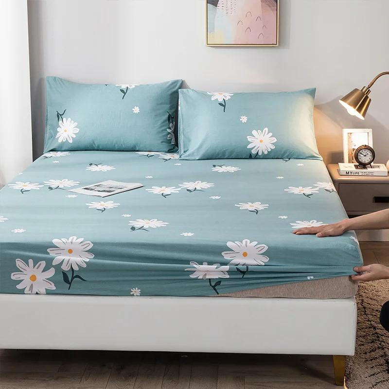 Pure Cotton Printed Fitted Sheet Only Non-Slip Protective Cover for Bedroom  (no Pillowcase)