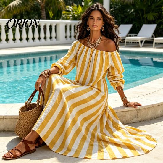 Lightweight Women Dress Summer Striped Long Dress, Off Shoulder Sleeve Casual Ankle Length Loose Swing with Side Pocket Outfit