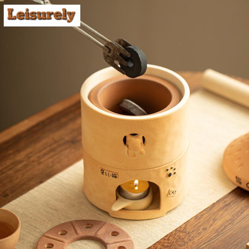 Cute Cat House Warm Tea Stove Charcoal Ceramic Candle Furnace Insulation Heating Base Boiling Water Kettle BBQ Holder Teaware