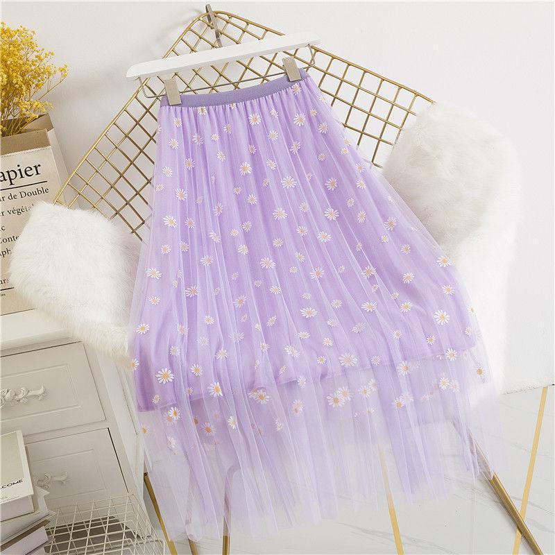 

Женская сетчатая юбка, тонкая юбка трапециевидной формы, маленькая ромашка с цветочным принтом и высокой талией, плиссированная юбка средней длины, украшение с принтом 2XL