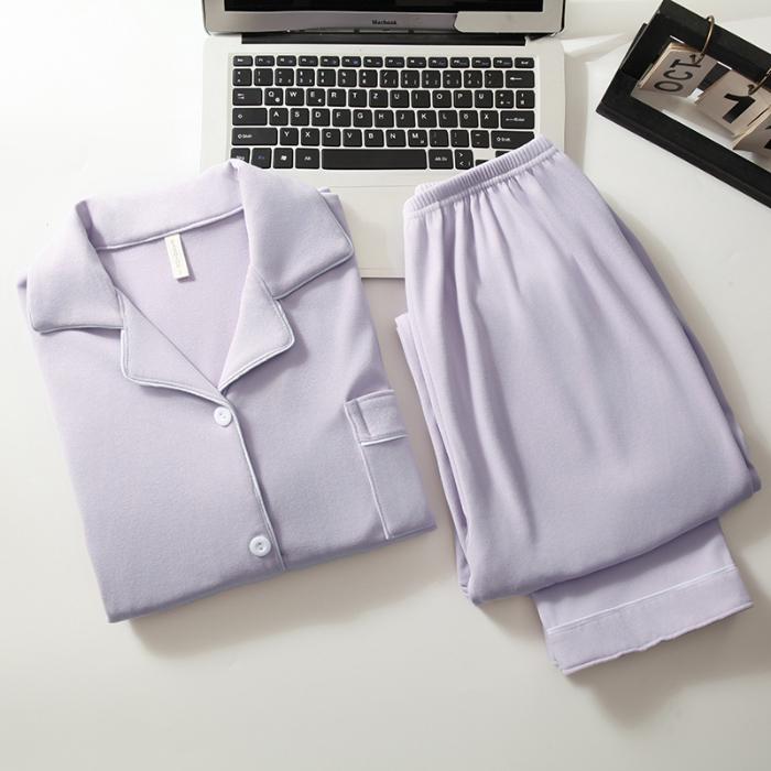 

Простой однотонный осенне-зимний женский пижамный комплект с длинным рукавом, пуговицами и брюками на эластичном поясе, женская одежда для сна и дома XXL фиолетовый