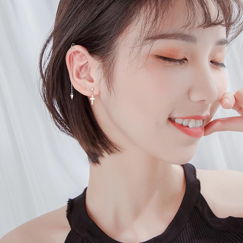 Boucles d'oreilles croix unique tempérament boucles d'oreilles Doudou chaîne d'oreille frangée personnalisée bijoux d'oreille longs clips d'oreilles célébrité Internet