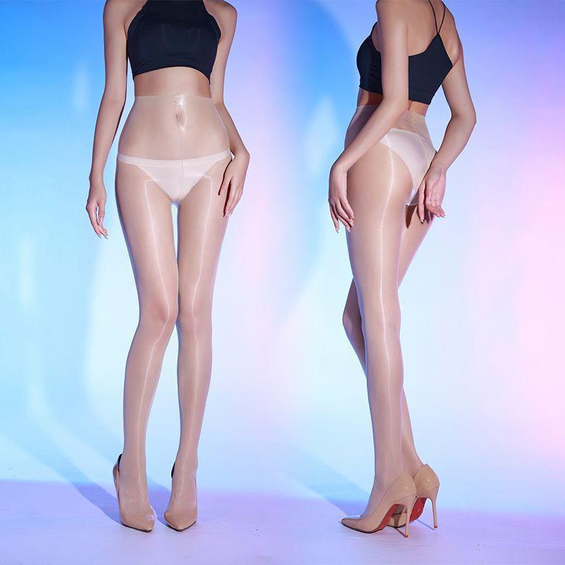 1D Ultradünne Öl Glänzende Strumpfhose Strumpf Damen Hohe Taille Seide Sexy Glänzend Transparent Ein Naht Geschlossener Schritt Taillenlose Strumpfhose