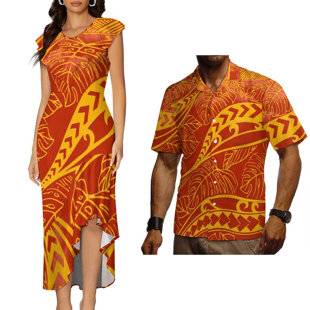 Polynesian Tribal Traditional Samoan Puletasi Dress for Women Custom Elegant Dresses Vintage Floral Dress Couple Set