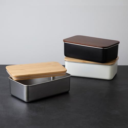 Nonoji Stainless Steel Lunch Box Rectangle Microwave and Dishwasher Safe Stylish and Simple Lunch Box Natural Wood Lid Black
