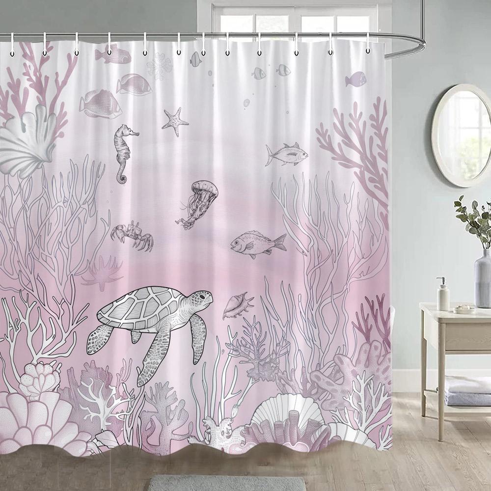 Rosa Nautischer Duschvorhang Meeresschildkröte Meeresbewohner Koralle Unterwasser Sommer Modern Polyester Duschvorhang Mit Haken Heimdekoration