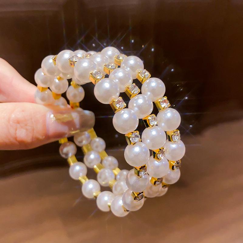 Retro French-Style Diamond and Pearl Open Bangle Bracelet