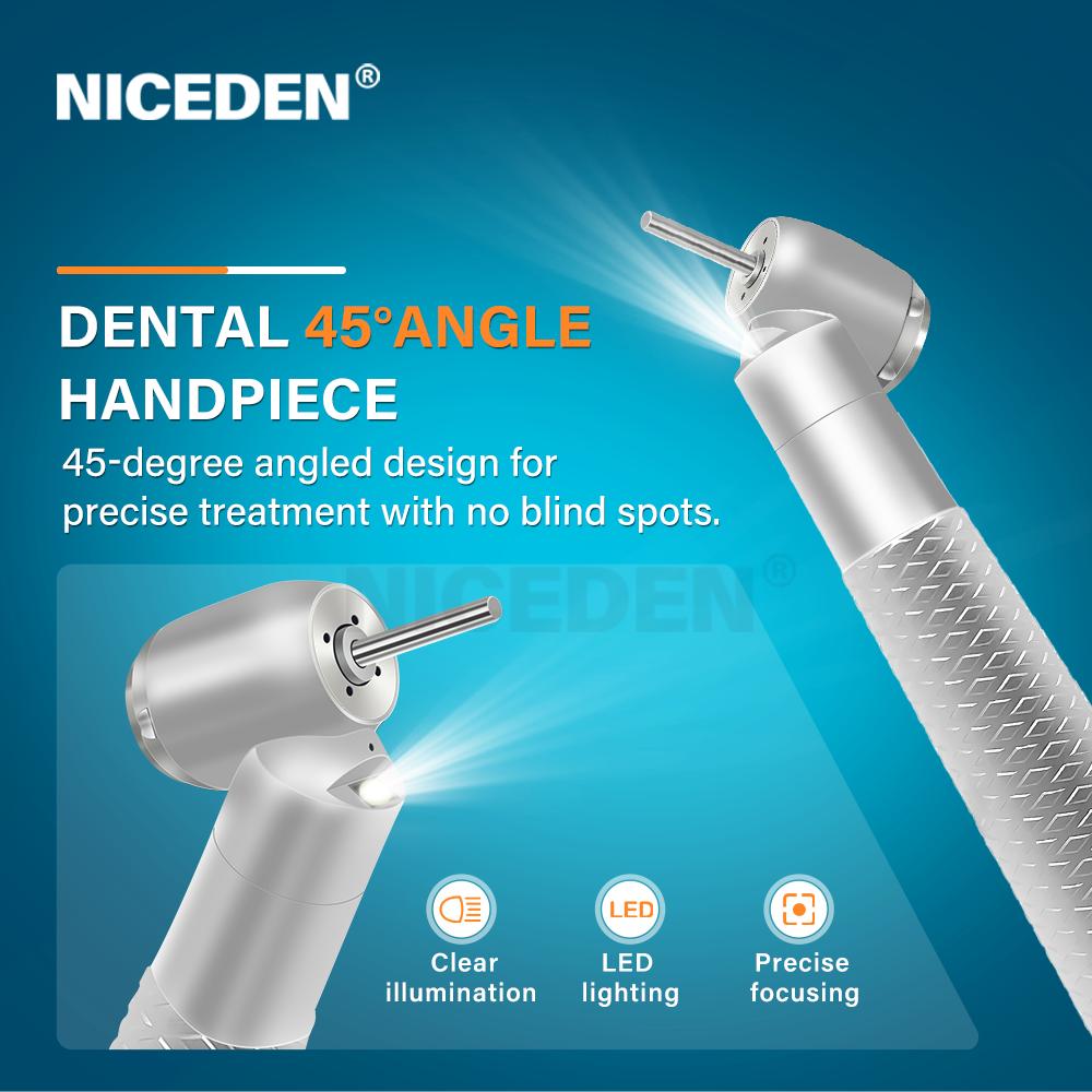 Niceden Dental 45 Degree High Speed Turbine Handpiece With E-Generator LED Light Rear Exhaust 4 Hole/ 2 Hole
