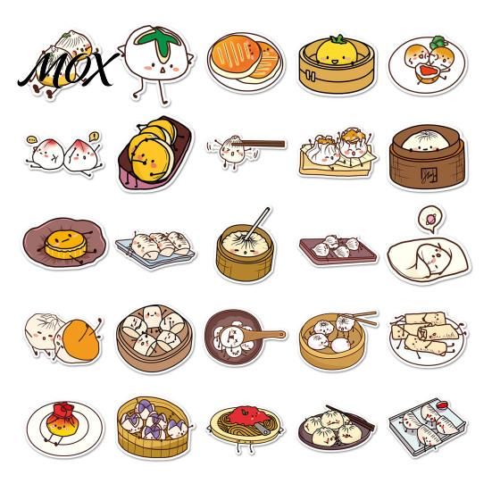 Food Themed Decals for Water Bottles 50Pcs Chinese Stickers, Waterproof PVC Stickers with Steamed Buns Mantou And Dumplings Patterns, Cute Removable