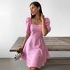 Personality Temperament Bubble Sleeve Patchwork Square Collar Zip Paragraph Solid Colour Fairy Dress Women Dresses