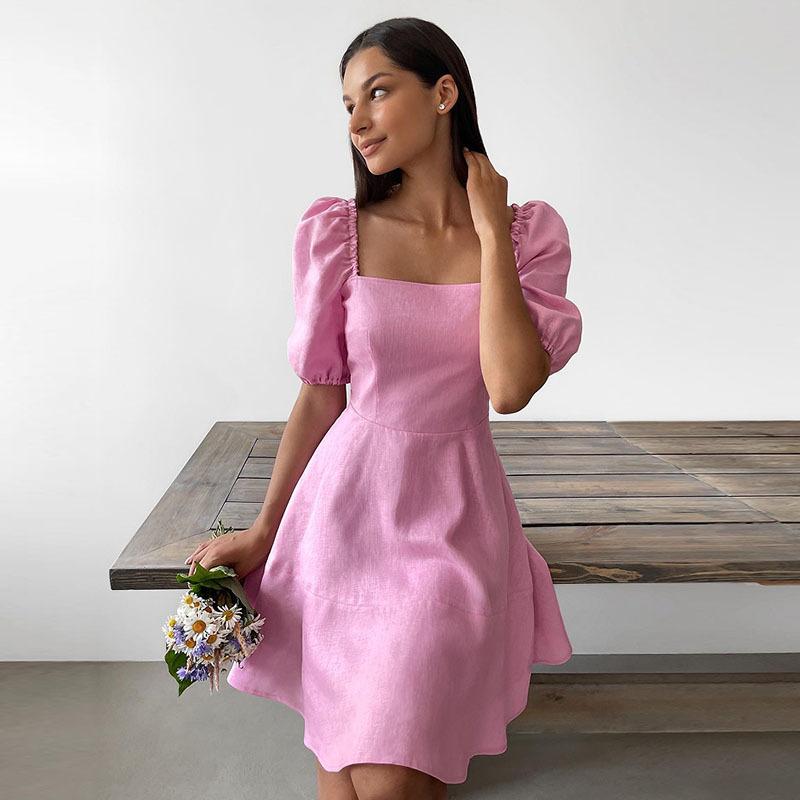 Personality Temperament Bubble Sleeve Patchwork Square Collar Zip Paragraph Solid Colour Fairy Dress Women Dresses
