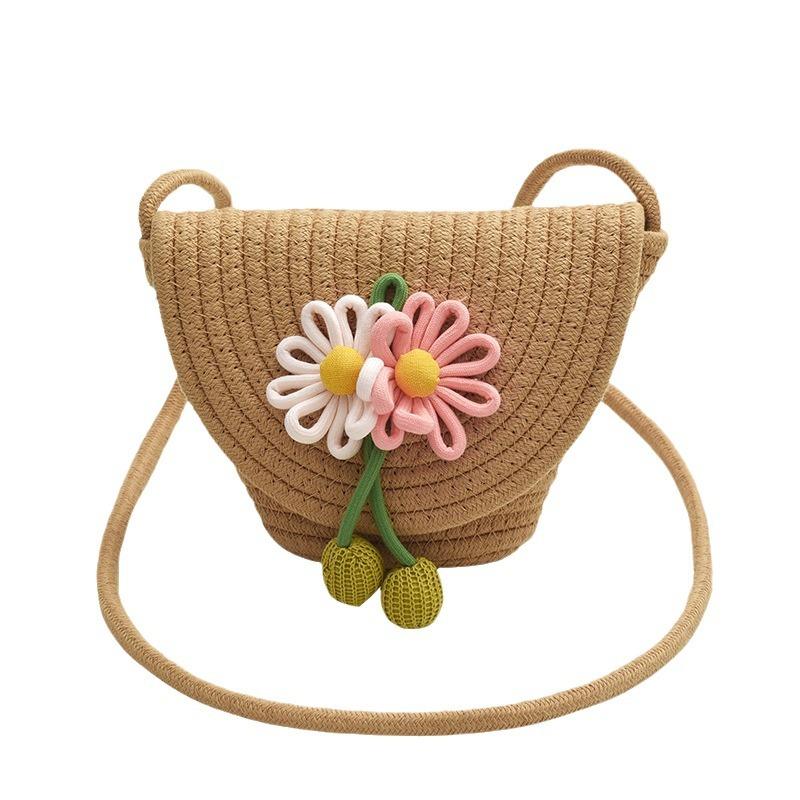 Durable Straw Crossbody Bag Flower Woven Coin Purse Handbag Girls Shoulder Messenger Bag Summer Cute Princess Handbag 2025 Gift