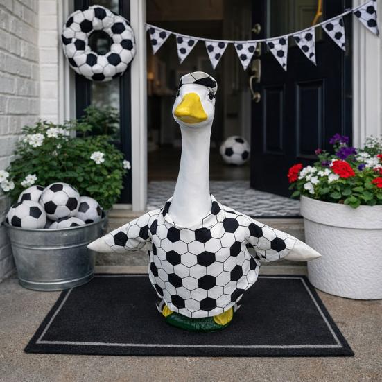 1 Set Veranda-Gans Fußball-Outfits 23 Zoll Outdoor-Garten Rasen Hof Gans Statue Fußball-Aufdruck Kostümhut Feiertagsparty Verkleidungskleidung