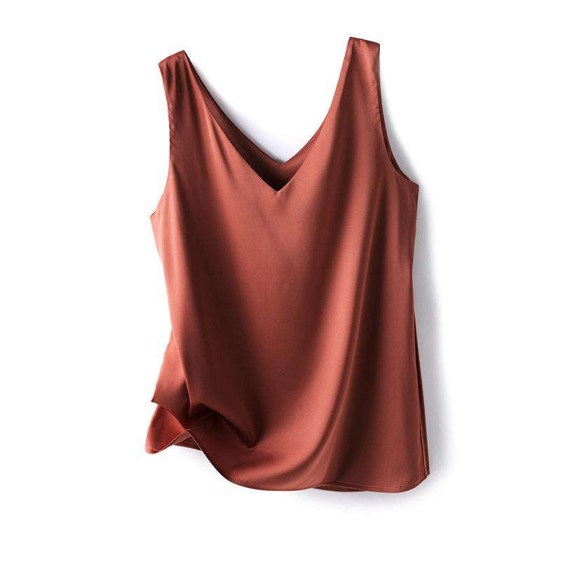 WTEMPO Women V-neck Sleeveless Blouses Elegant Silk Satin Vests Female Summer 2023 Casual Loose Tanks & Camis Solid Green Tops