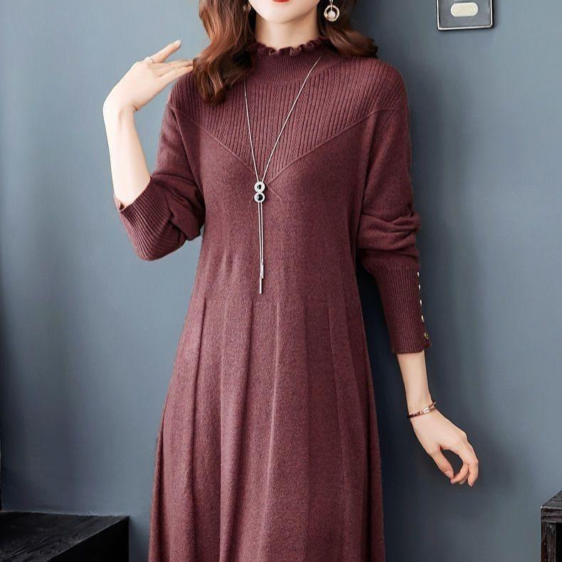 Vestido de Punto Midi Vestido Suéter de Color Sólido para Mujer Vestido Suéter de Punto hasta la Rodilla para Otoño e Invierno para Mujer Jersey