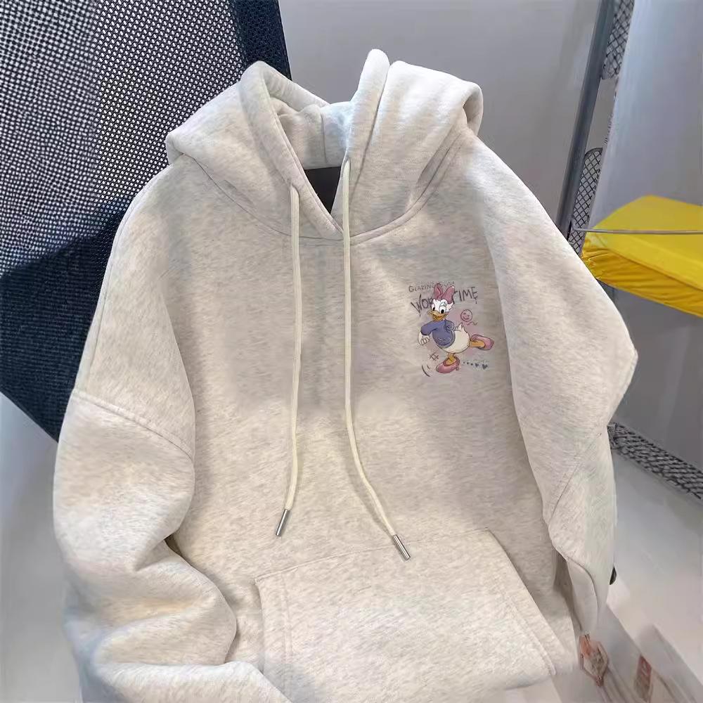 Women's Plus Size Gray Donald Duck Hoodie - American Style, Silver Fox Velvet, Thickened for Autumn Winter.
