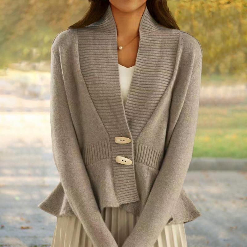 Autumn and Winter New Solid Color Retro Knitted Cardigan Women's V-neck Ruffled Hem Sweater Jacket