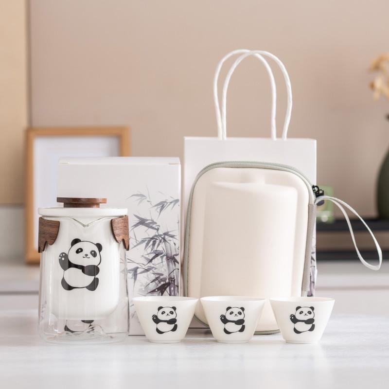 Panda Speckstein Jade Porzellan Reise-Teeset Outdoor Tragbar Sichuan Sehenswürdigkeit Geschäfts-Erinnerungsgeschenk