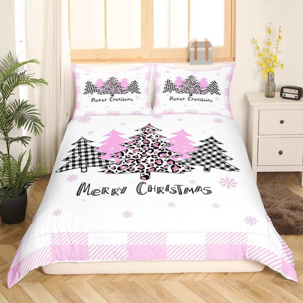 Pink Plaid Christmas Tree Three-Piece Quilt Cover 3D Digital Printing Bedding Set Bed Cover