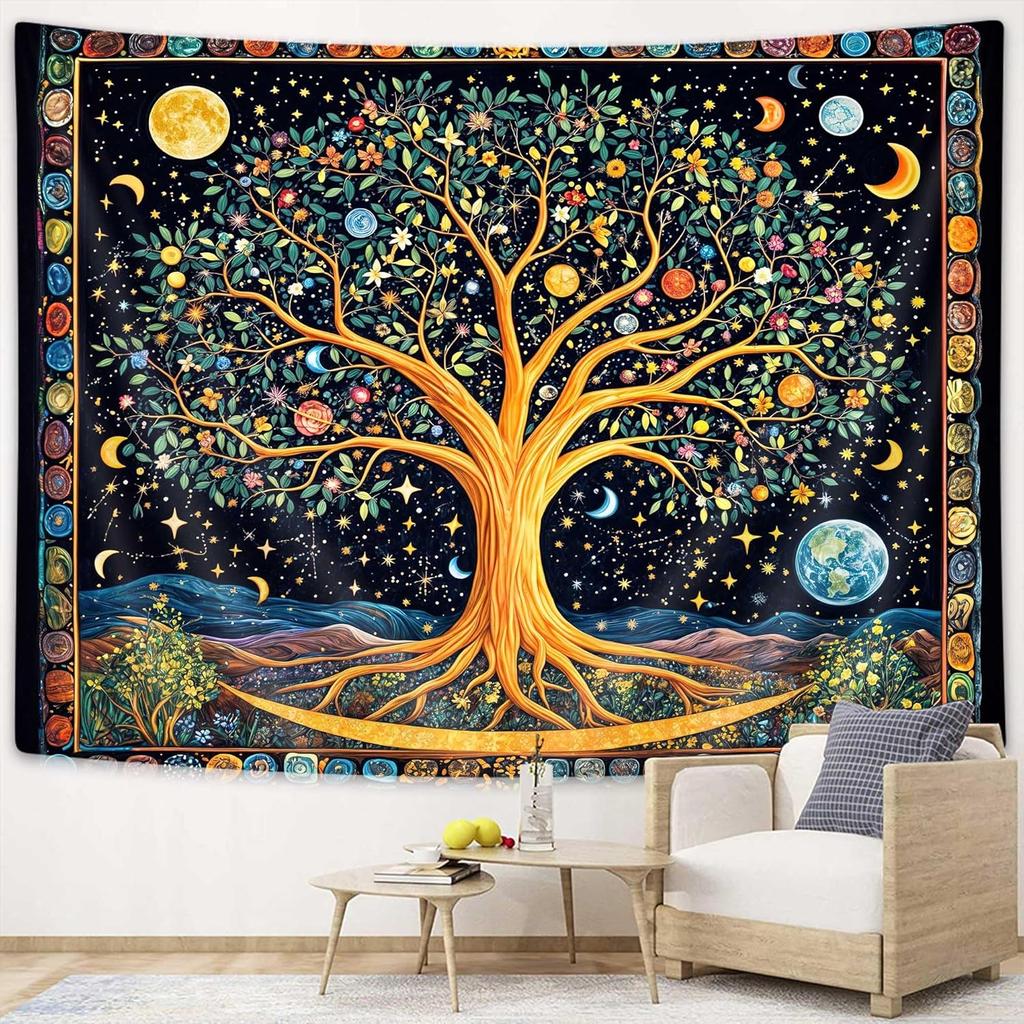 Mid Century Modern Abstracte Kunst Wandkleed, Minimalistisch Salieplant Zon Retro Boho Wandkleed, Geel Wit Bruin Geometrisch
