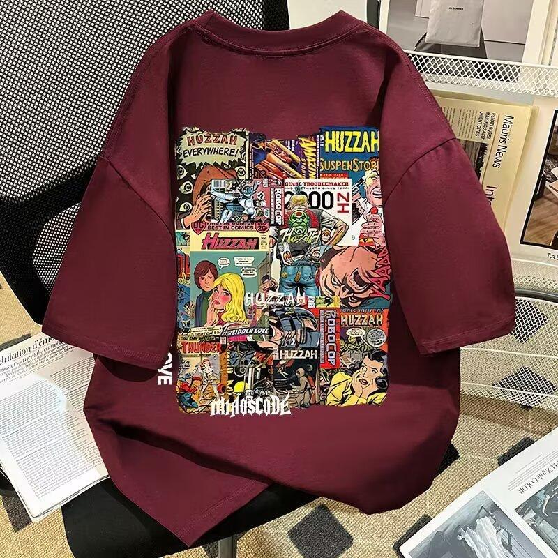 

HUZZAH National Tide American Popular Graffiti Poster Print Short-Sleeved T-Shirt Men S Fall Round Neck Loose Casual Tops M вина червоного кольору