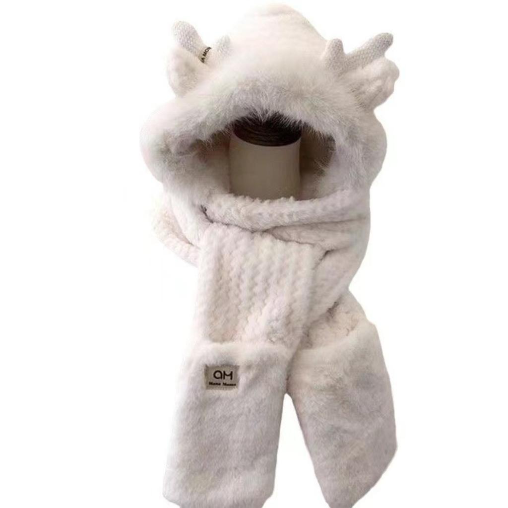 Women's Winter Hat Scarf One-piece New Deer Hooded Cycling Thick Plush Three Piece Set