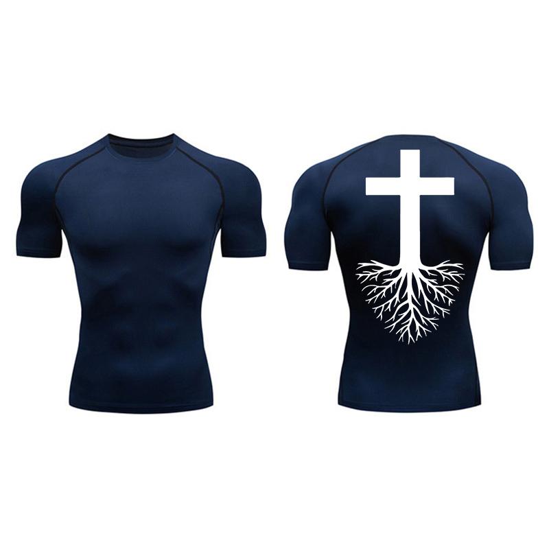 Cross Print Compression Shirt for Men Athletic Quick Dry Short Sleeve Tops Baselayer Christian Gym Workout Running T-shirts Tees