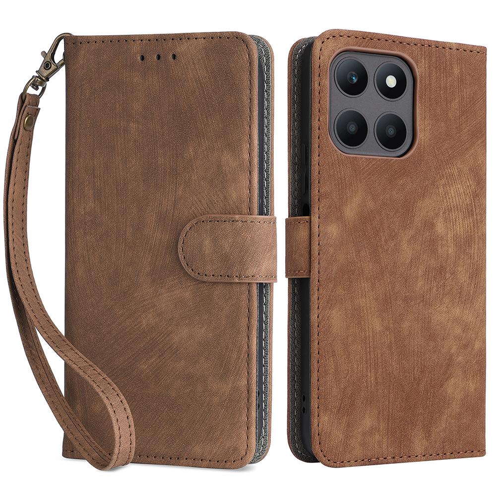 

For Honor X6a 4G Phone Cover RFID Blocking Wallet Shell Anti-Scratch PU Leather Stand Phone Case with Strap Brown