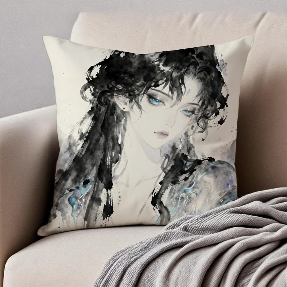 Elegant Nine Phases of Ink Painting Art Cushion Cover Pillowcase Antidustmite Invisible Zipper Short Plush Sofa Cushion