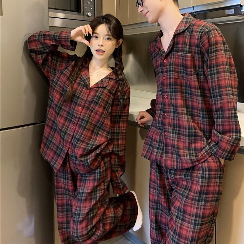 Korejský styl červený kostkovaný pyžamový set: Pohodlné, ležérní domácí oblečení pro páry