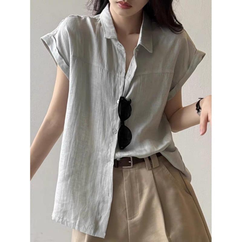 Women Solid Color Linen Blend Shirt Cap Sleeve Point Collar Loose Fit Casual Button Up Blouse