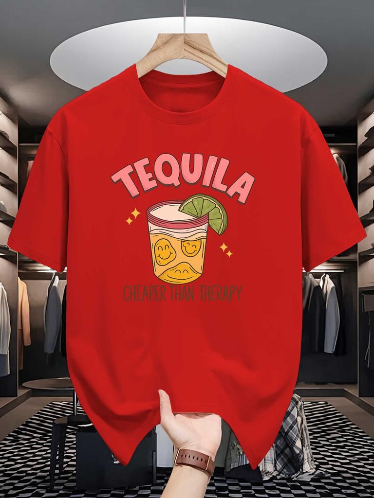 Unisex Crew Neck Tee Retro Tequila Cup Letter Graphic Print Soft Cotton Loose Short Sleeve Summer Casual Male Streetwear Tops