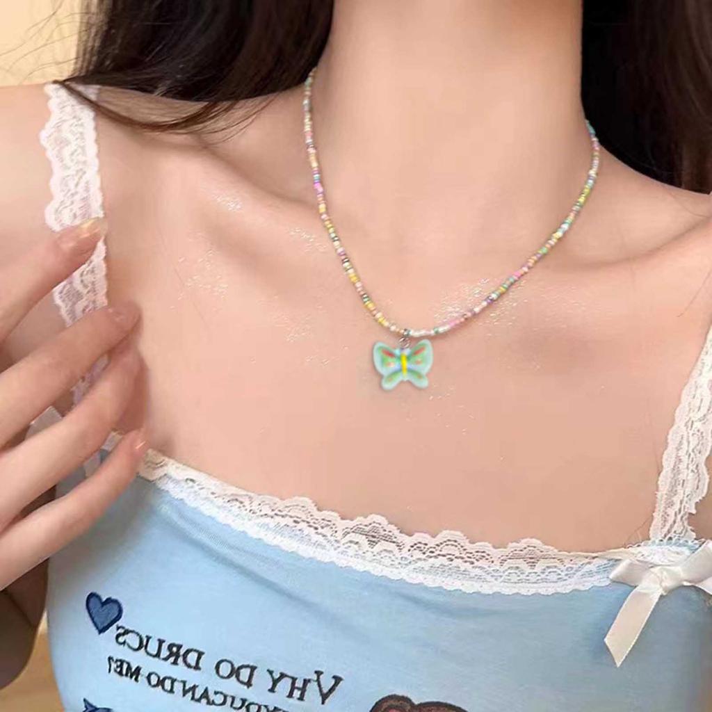 Summer Dopamine Colorful Beaded Butterfly Necklace for Women Sweet and Cute Girly Heart Clavicle Chain Simple Versatile Necklace