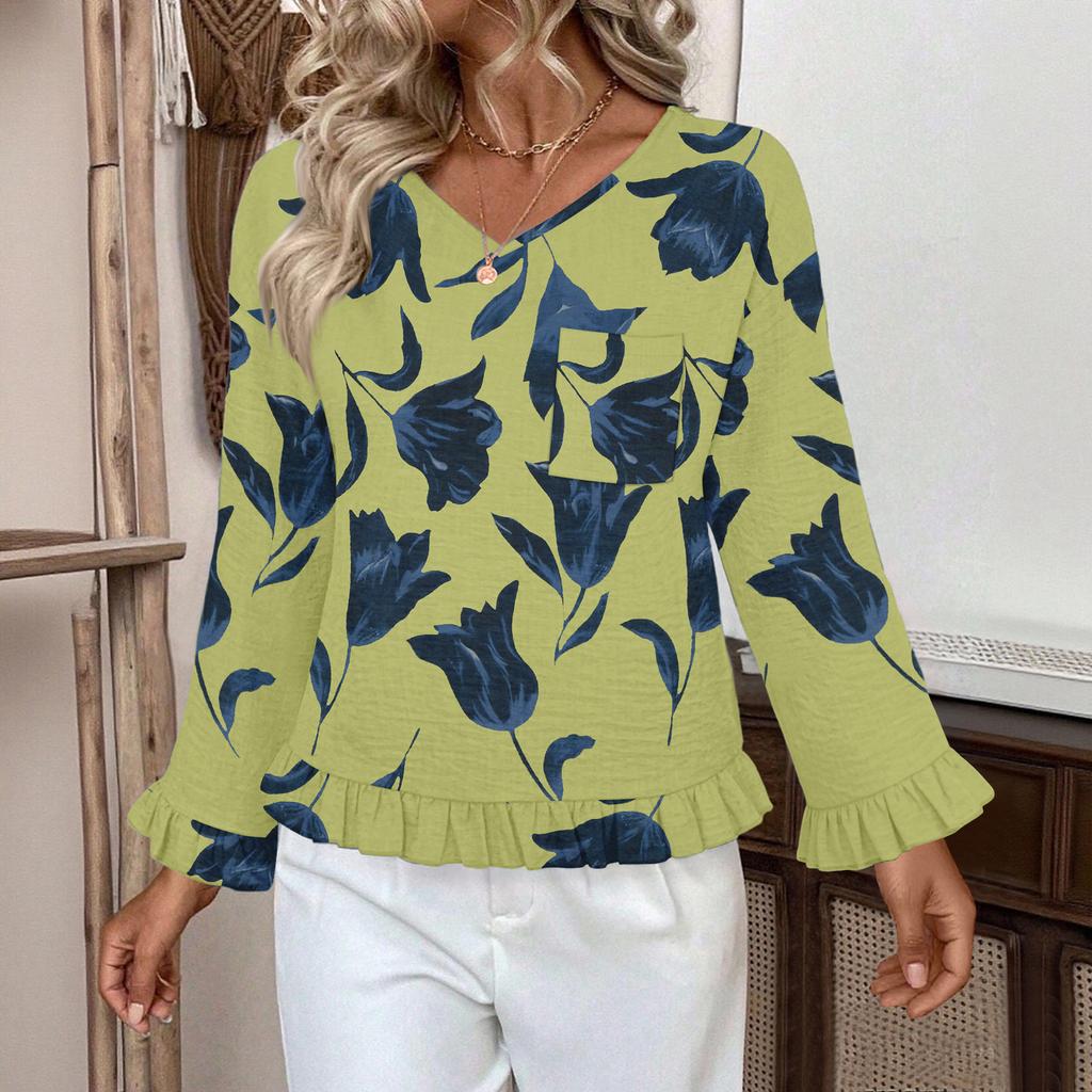 Women's Casual Fashion Ruffled V-Neck Pocket Floral Print Long Sleeve Top