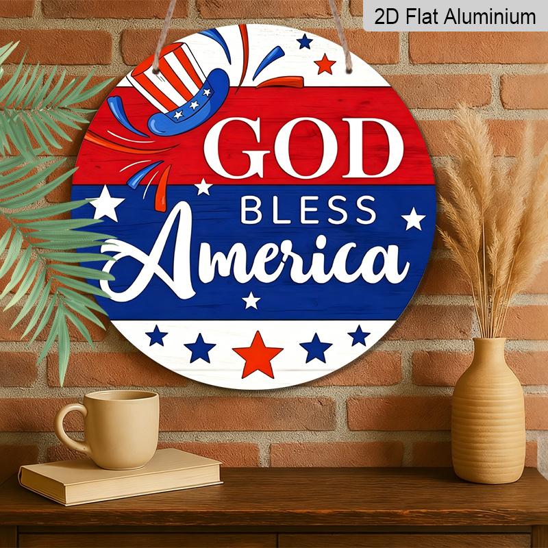 2D Flat, 4Th Of July Holiday Hanging Sign Door Sign, Patriotic Decor Sign Plaque, God Bless America, Waterproof Aluminum Plaque, Best for Porch