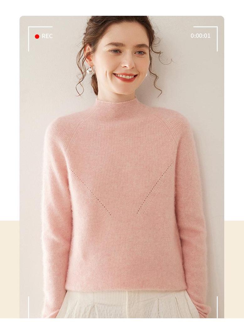 Women's Stylish Cashmere Sweater with Half-High Collar and Raglan Sleeves