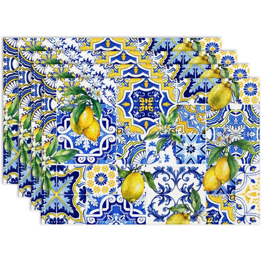 

Lemon Tiles Placemat Spring Summer Yellow Lemon Blue Ceramic Leaves Farmhouse Table Mats for Party Kitchen Dining Table 4PC-30X45cm
