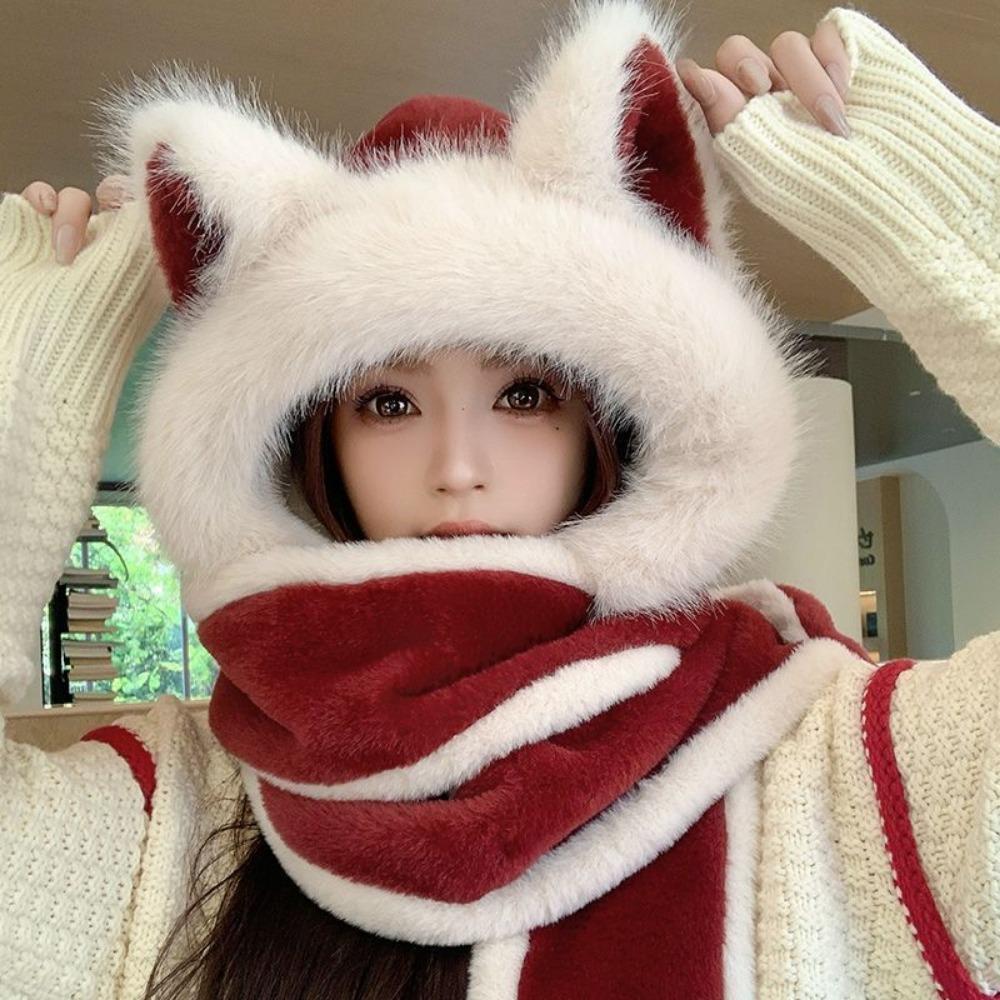 High-end Ankara Red Wolf Ears Plush Hat Scarf Women's Boutique Knitted Women's Hat