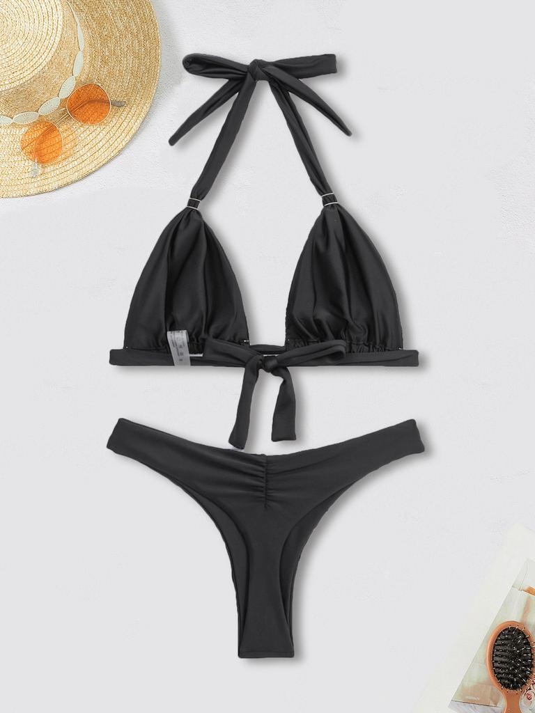 Solid Tie Thong Sexy Bikini Set Elegant Comfortable Two Piece Swimwear