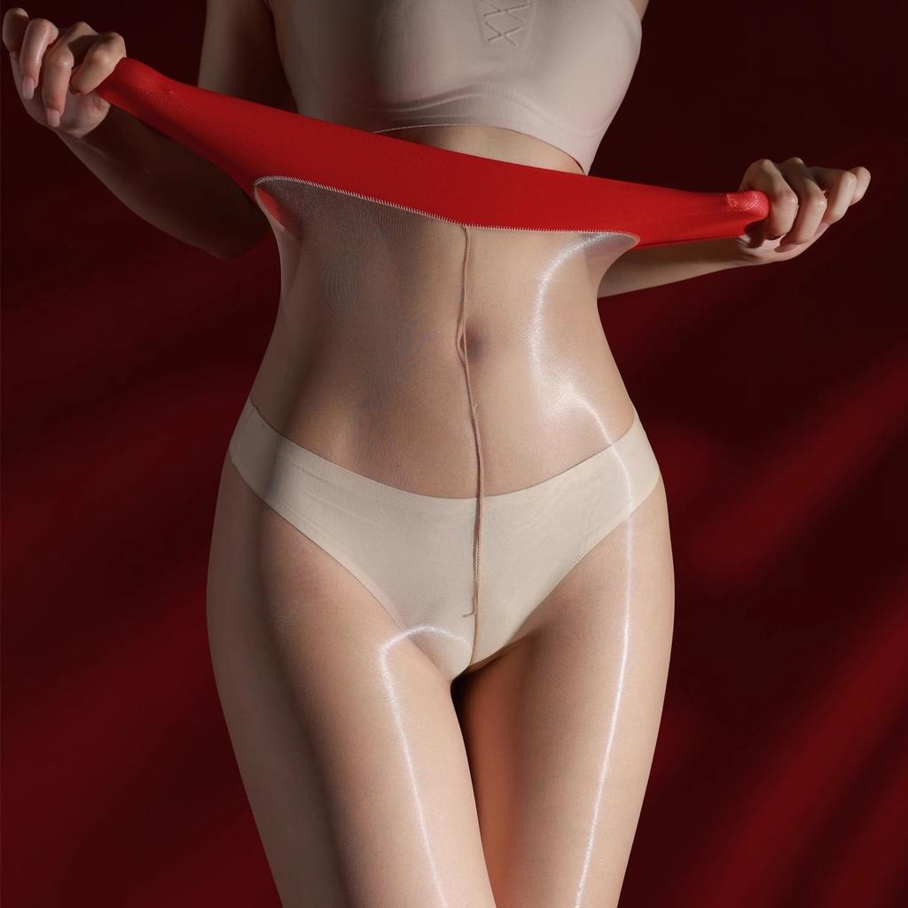 Red Nude High Waist Patchwork Pantyhose 3D Summer Slim-fit Smooth Nylon Tights One Line Crotch Oil Glossy Transparent Underwear