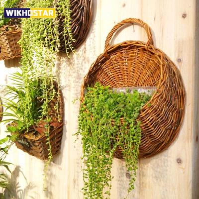 Hand Made Wicker Rattan Flower Planter Wall Hanging Wicker Rattam Basket Garden Vine Pot Plants Holder Garden Pots Wall Planter