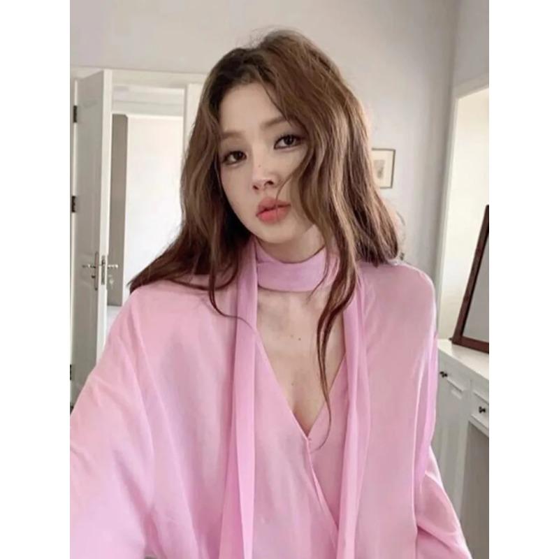 

Pink Halter Neck Loose Blouse Long Sleeve Wrap Top Chic Casual Fashion Shirt For Women M рожевий