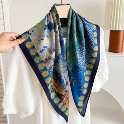 Blue Oil Painting Van Gogh Neck Silk Scarf Women'S Spring And Autumn 70 Small Square Scarf Double-Sided Heterochrome Mother Scarf Shawl