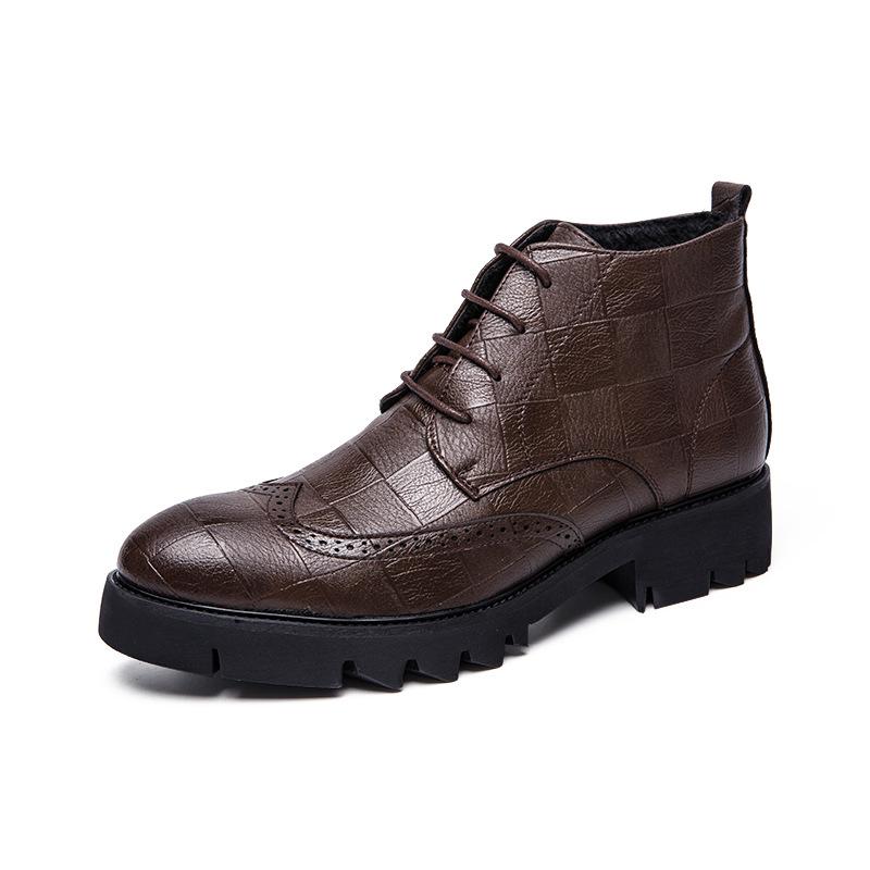 Autumn men's high-top solid color pointed leather shoes retro fashion trend lace-up cotton boots